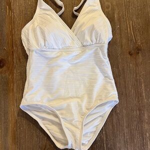 NWOT Lands' End White One-Piece Ribbed V neck Swimsuit